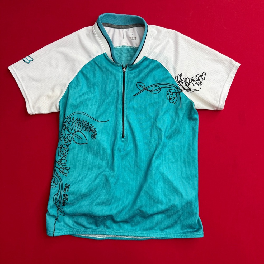 Fox Racing Womens Cycling Jersey Teal White Floral Quarter Zip Bike Shirt Large